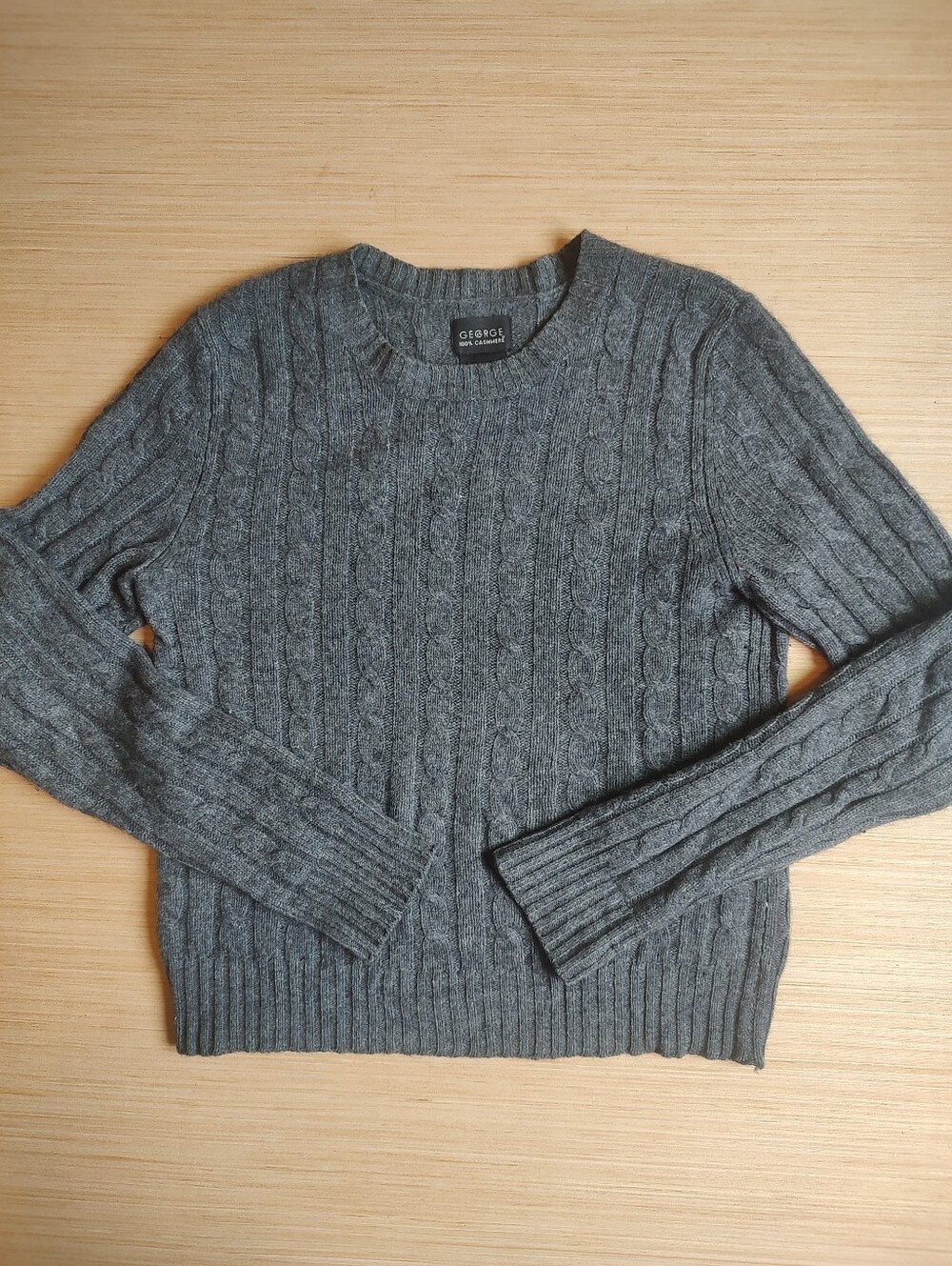 George 100% Cashmere Long Sleeve Pullover Sweater Grey S Crew Neck Cable Knit